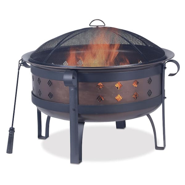 Endless Summer 34 in. W 2-Tone Steel and Brushed Copper Finish Deep Wood Burning Firebowl with Diamond Design and Lid Lifting Tool