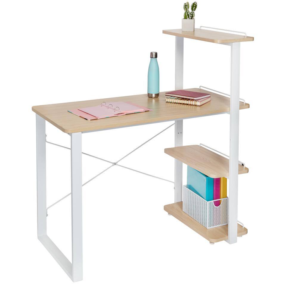 43.4 in. W Rectangle White MDF and Steel Writing Desk with 4-Tier Side Shelf