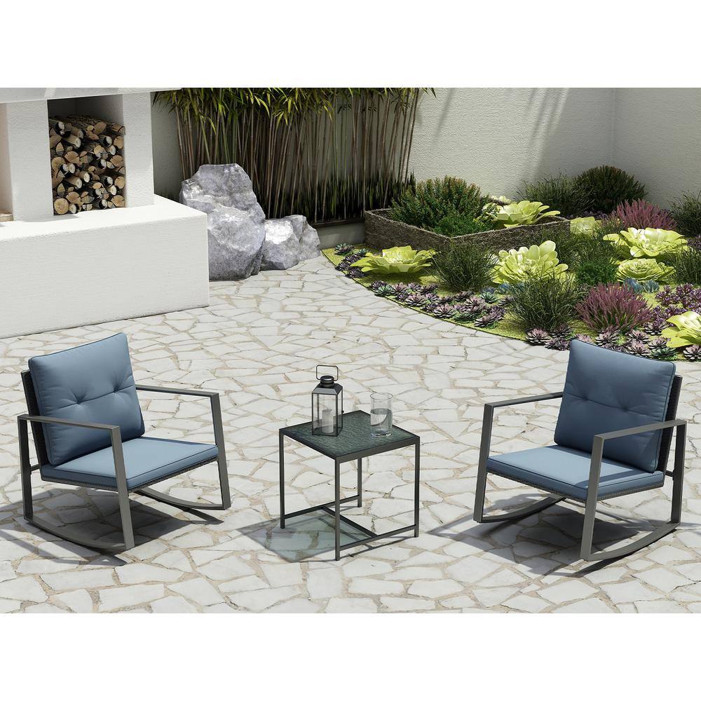 Gray Cushioned Steel Rocking Bistro Set with Glass Table