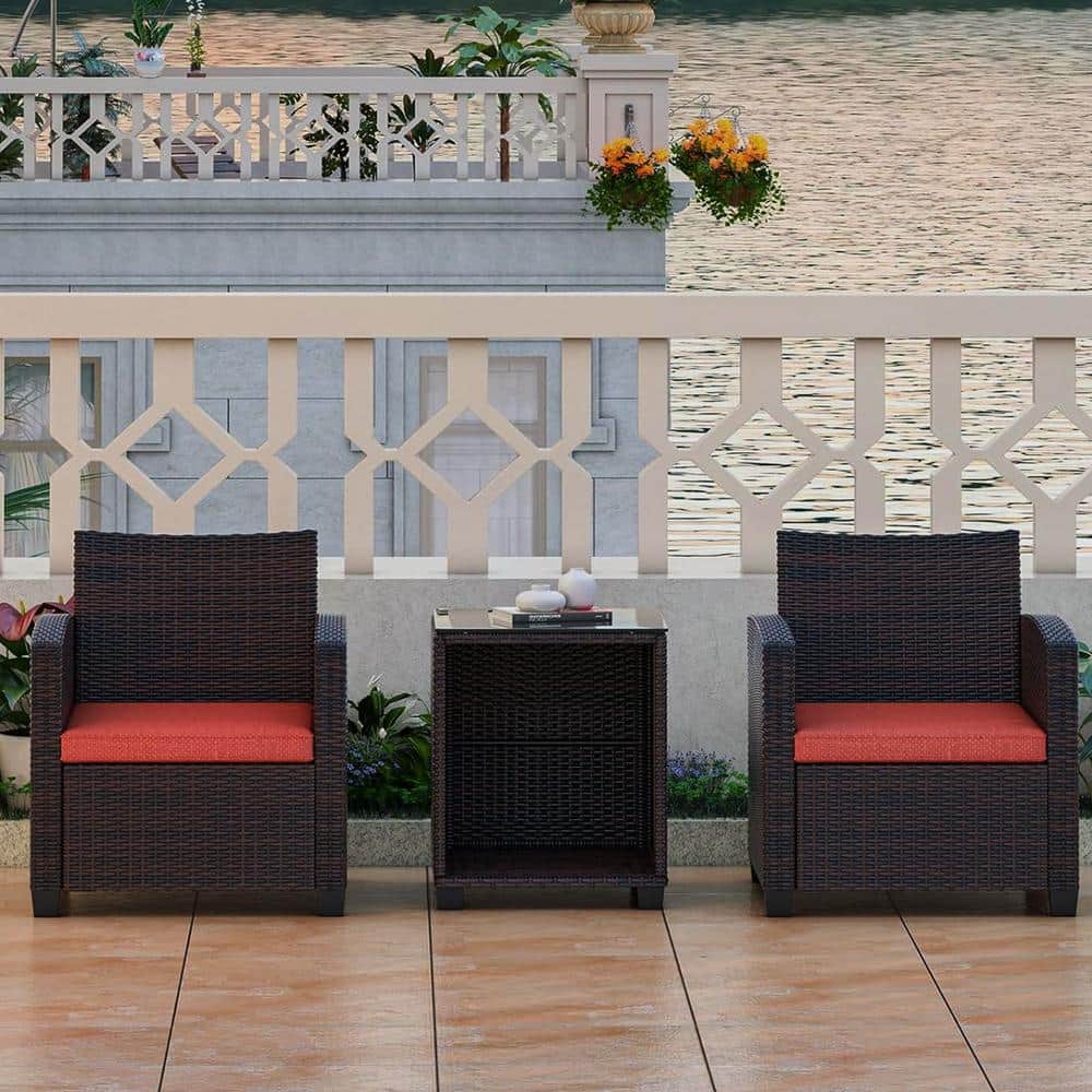 3-Pieces Wicker Patio Conversation Set Outdoor Rattan Furniture with Red Cu