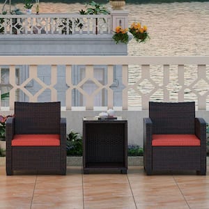 3-Pieces Wicker Patio Conversation Set Outdoor Rattan Furniture with Red Cushions