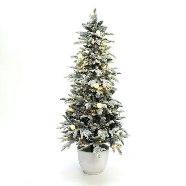 5 ft. Flocked Potted Artificial Christmas Tree and PreLit with 100 Lights