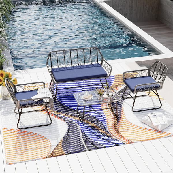 Zeus & Ruta Black 4-Piece Wicker Patio Conversation Set with Blue Soft Cushions and Coffee Table for Patio, Backyard and Pool