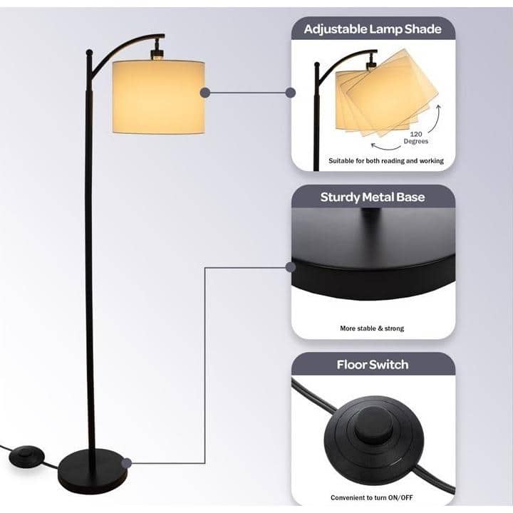 63-Inch Tall Black Metal Floor Lamp with Linen Shade and LED Bulb