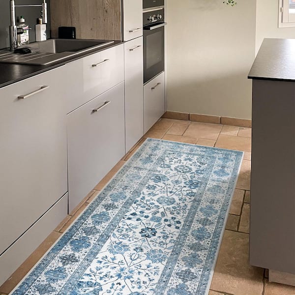 Lerik Blue/Off White Washable Rug 2.5 ft. x 7 ft. Runner Rug