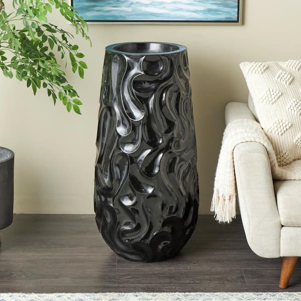 Litton Lane 36 in. Black Large Wavy Textured Floor Resin Decorative Vase