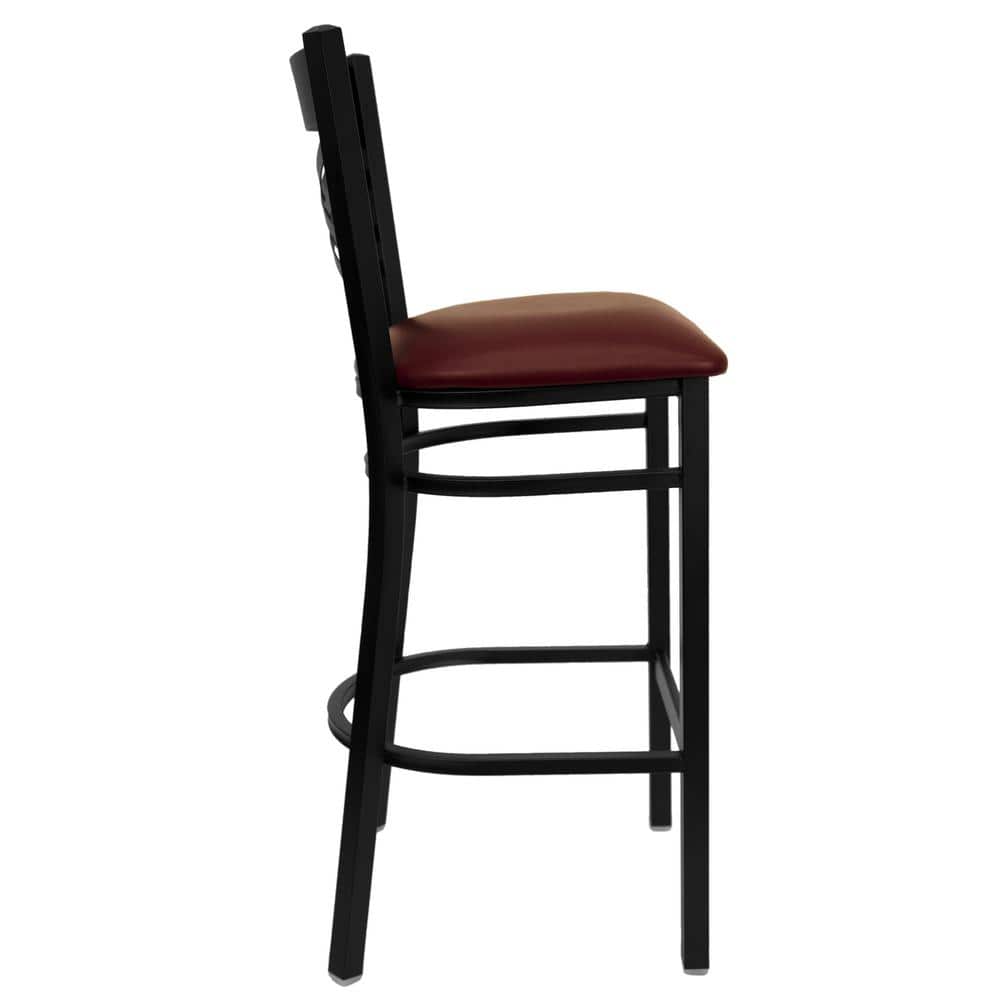 Cross-Back Black Metal Barstool with Burgundy Vinyl Seat