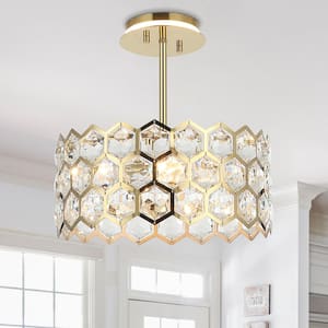 Modern 3-Light Gold Linear Durm Chandelier with Crystal Shade for Kitchen Island