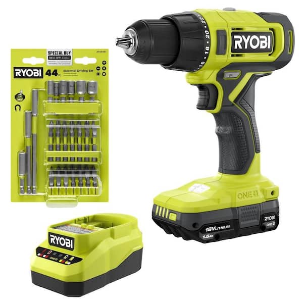 ONE+18V Cordless 1/2 in. Drill/Driver Kit with (1) 1.5 Ah Battery and Charger & Essentials Driving Set (44-Pieces)