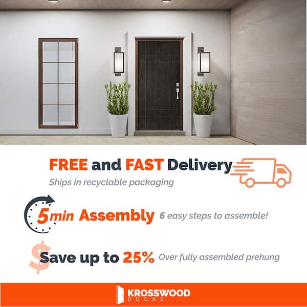 DIY Modern 36 in. x 79 in. Right-Hand 10-Grid Solid Panel Teak Stain Fiberglass Front Door Kit w/ Quick Assemble Jamb