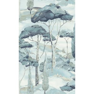 Blue Watercolor Scenic Tree Tropical Print Non-Woven Non-Pasted Textured Wallpaper 57 sq. ft.