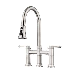 Double Handle Bridge Kitchen Faucet with Pull-out Sprayer in Brushed Nickel