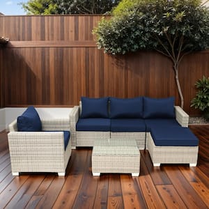 6-Piece Gray Wicker Patio Outdoor Sofa Loveseat Conversation Set with Dark blue Cushions and Slope Back