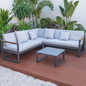 Chelsea Modern Black 3-Piece Patio Sectional Seating Set With Adjustable Headrest & Coffee Table With Light Grey Cushion