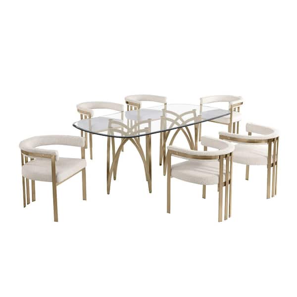 Best Quality Furniture Amelia 7-Piece Clear Tempered Glass Top Gold Chrome Plated Base Dining Set With 6-Cream Boucle Fabric Chairs
