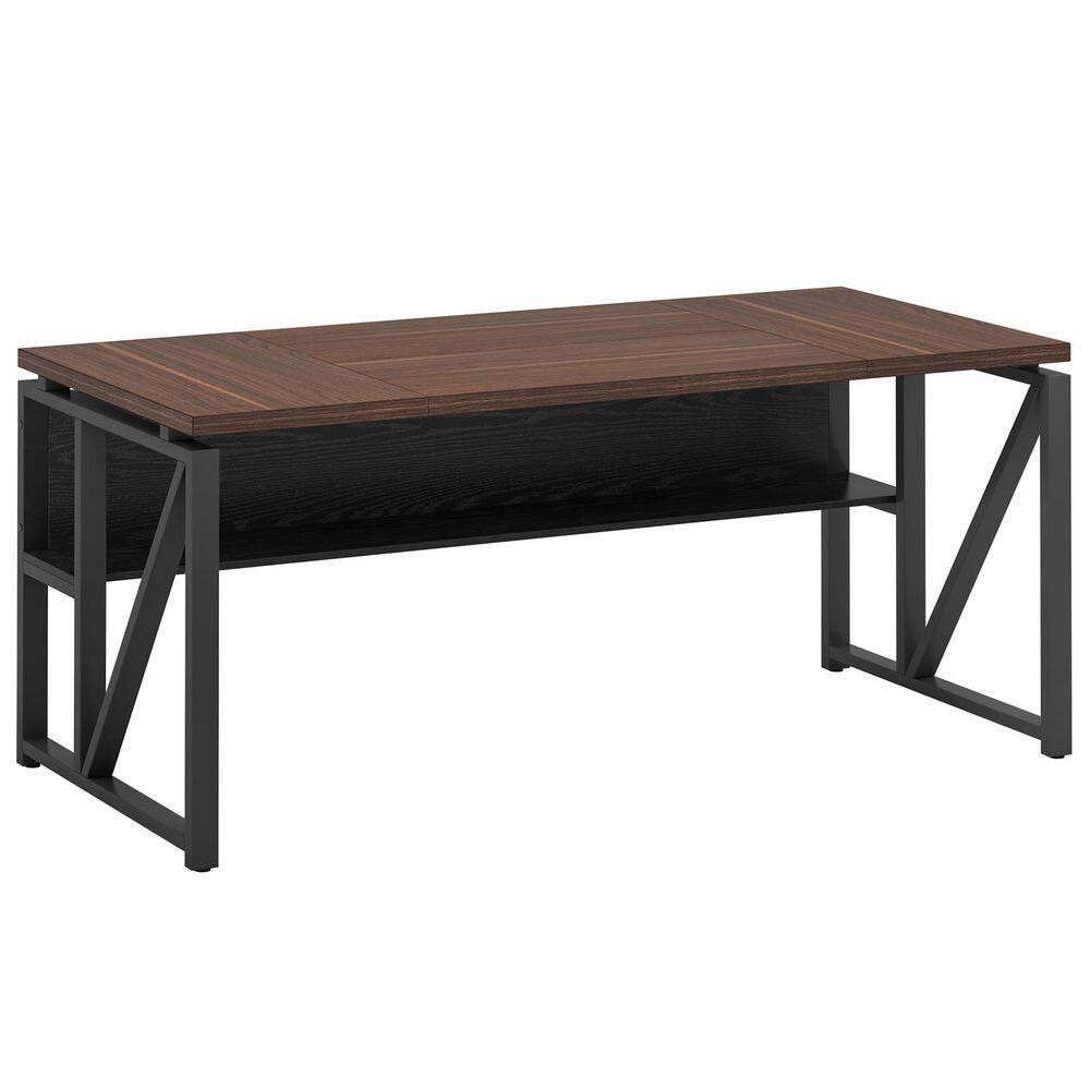 Moronia 63 in. Rectangular Deep Brown and Black Engineered Wood Computer Desk with Storage Shelf, Home Office Desk