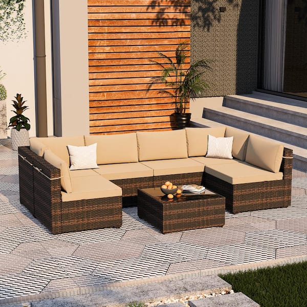 UPHA 7-Piece Wicker Patio Conversation Sectional Seating Set with Beige Cushions