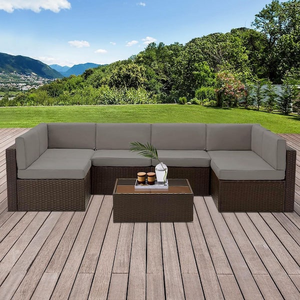 Unbranded 7-Piece Brown Wicker Outdoor Sofa Sectional Set Patio Seating Sets with Dark Gray Cushions