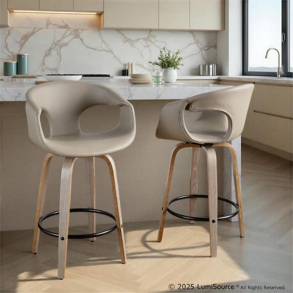 Curva 36.25 in. Light Grey Faux Leather, Light Grey Wood and Black Metal Fixed-Height Counter Stool (Set of 2)