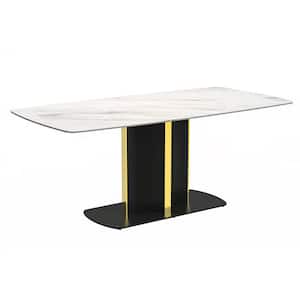 Sylva Modern 55 in. Rectangular Dining Table with Sintered Stone Tabletop and Gold Steel Pedestal Base, White