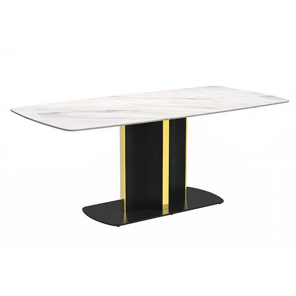 Leisuremod Sylva Modern 55 in. Rectangular Dining Table with Sintered Stone Tabletop and Gold Steel Pedestal Base, White