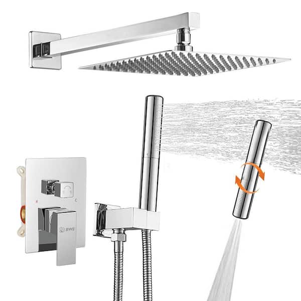 Tahanbath 12 in. 1-Handle 2-Spray Square Shower Faucet Rain Shower Head System in Chrome (Valve Included)