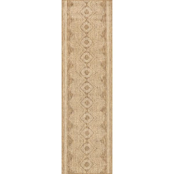 Light Brown 2 ft. x 10 ft. Iris Totem Flatweave Outdoor Area Rug