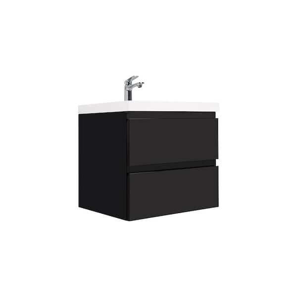 Dimakai 24 in. W Single Sink Wall-Mounted Glossy Black Bath Vanity with White Resin Top Unassembled