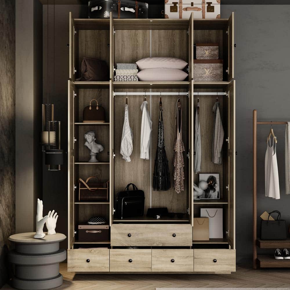 Brown Wood Grain 59 in. W Rattan Doors Wardrobe with 5-Drawers, 2-Hanging Rods, Top Cabinet (94.5 in. H x 18.8 in. D) - thumbnail 3