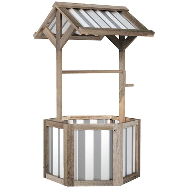 Outsunny 25.6 in. Wood Wishing Well Planter with Galvanized Canopy, Light Gray(1-Pack)