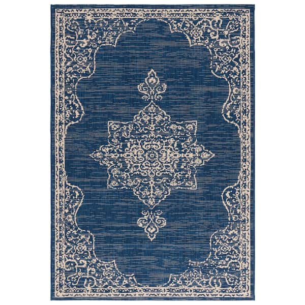 Courtyard Navy/Ivory 8 ft. x 10 ft. Orante Medallion Border Indoor/Outdoor Area Rug