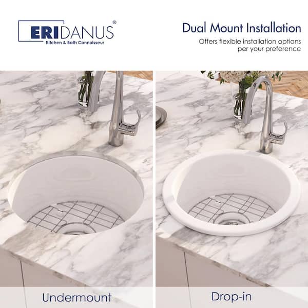 Oslo 18.5 In. Drop-In/Undermount Round Single Bowl In White Fireclay Kitchen Sink With Bottom Grid And Basket Strainer