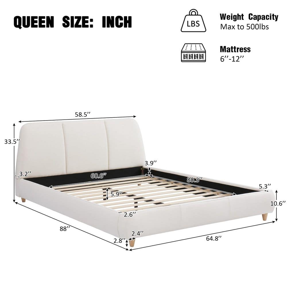 Luxe Modern White Linen Blend Upholstered Wood Frame King Size Platform Bed with Tufted Headboard - thumbnail 4