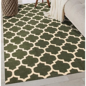 Green 9 ft. x 12 ft. Hand Made Wool Contemporary Flatweave Reversible Moroccan Area Rug