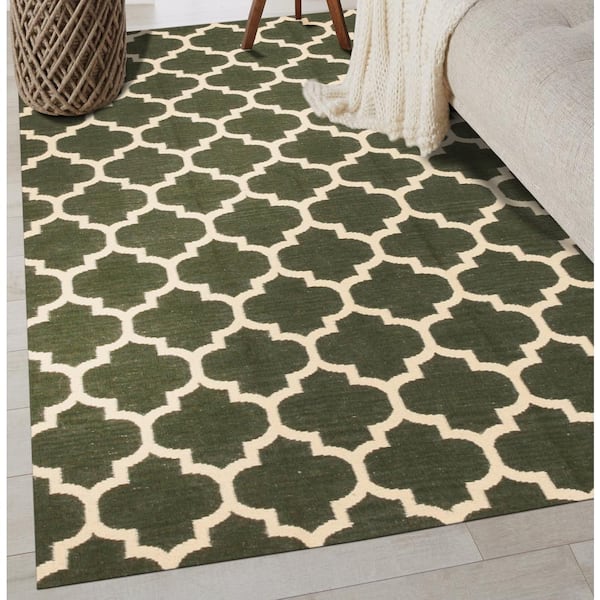 EORC Green 9 ft. x 12 ft. Hand Made Wool Contemporary Flatweave Reversible Moroccan Area Rug