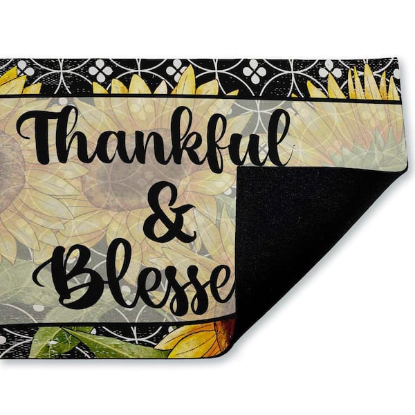Thankful and Blessed Sunflowers Black 18 in. x 30 in. Polyester Non-Slip Outdoor Door Mat