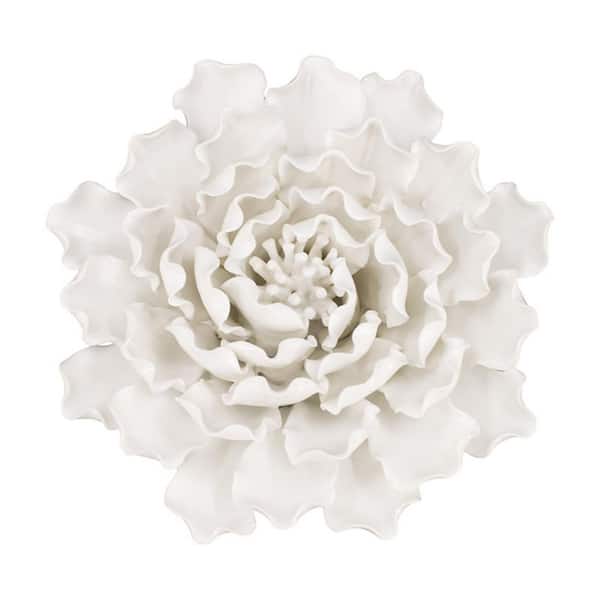 Vsmile 7.3 x 2.8 in. Cream White Sculpture Ceramic Flower Wall Decor, Handcrafted Artisanal Home Decor for Living Room Bedroom
