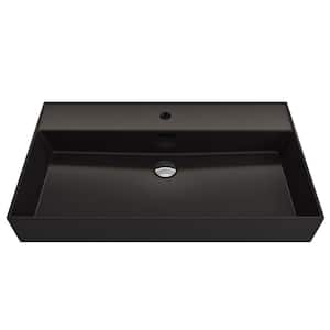 Milano Wall-Mounted Matte Black Fireclay Rectangular Bathroom Sink 32 in. 1-Hole with Overflow