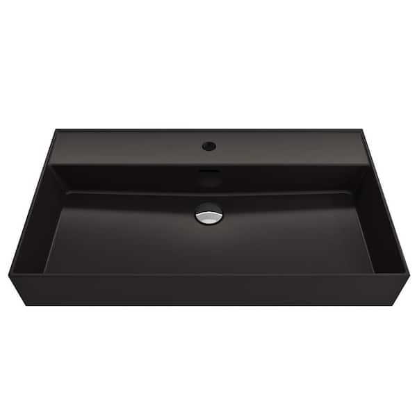 BOCCHI Milano Wall-Mounted Matte Black Fireclay Rectangular Bathroom Sink 32 in. 1-Hole with Overflow