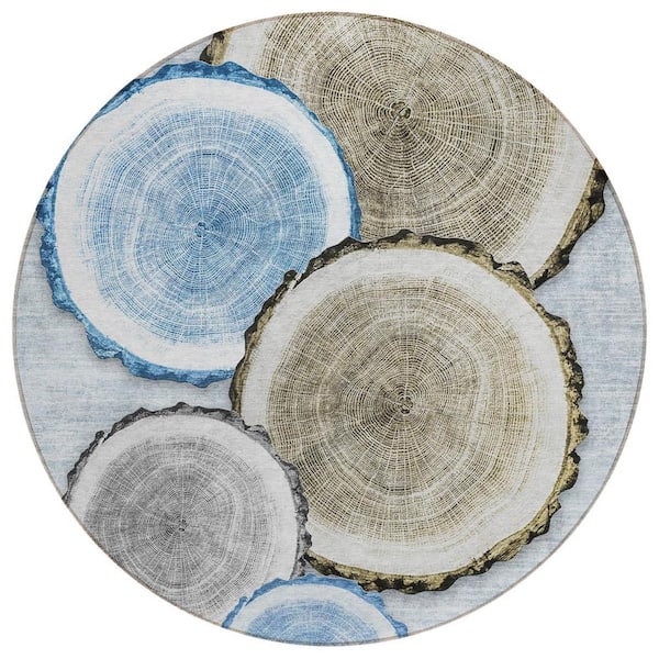 HomeRoots Blue Gold and Gray 8 ft. Round Woven Geometric Round Indoor/Outdoor Area Rug