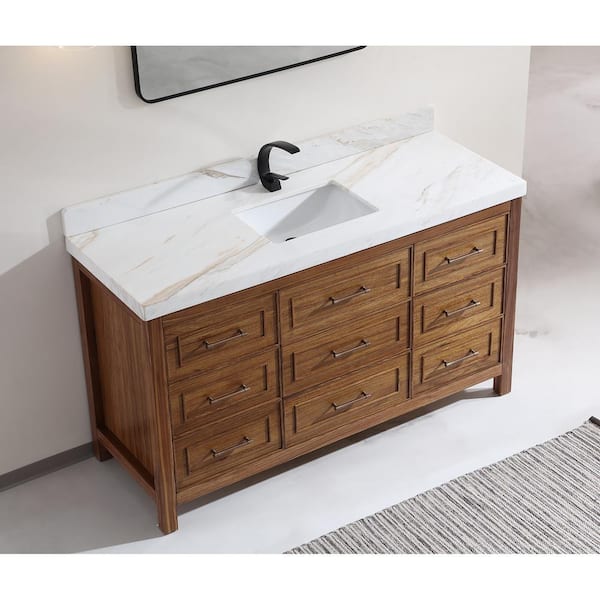 Luxury Ebony Series 60 in. 1 Freestanding Light Brown Finish Bath Vanity with 2 in. White Natural Marble Top Assembled