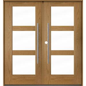 Faux Pivot 72 in. x 80 in. Right-Active/Inswing 3-Lite Clear Glass Bourbon Stain Double Fiberglass Prehung Front Door