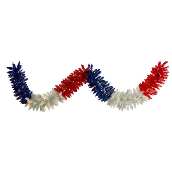 Nearly Natural 9 ft. Red White and Blue Americana Artificial Garland with 50-Warm LED Lights