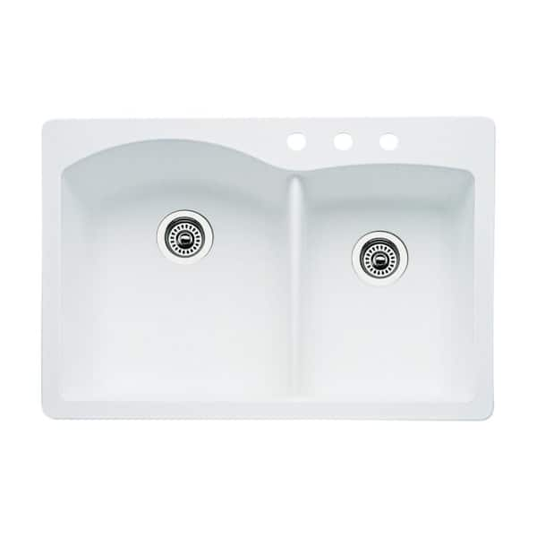 Blanco Diamond Dual-Mount Granite 33 in. 3-Hole 60/40 Double Bowl Kitchen Sink in White