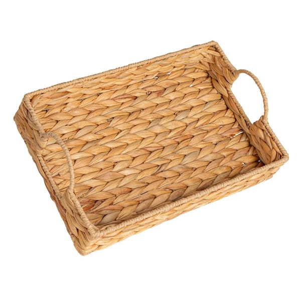 HOUSEHOLD ESSENTIALS Water Hyacinth Handwoven Decorative Tray with Handles, Natural