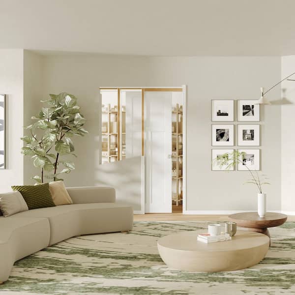 32 in. x 80 in. T-shape White Primed Pine Wood Pocket Door with Lock, Soft-Close and Frame Kit Set, Laundry Door