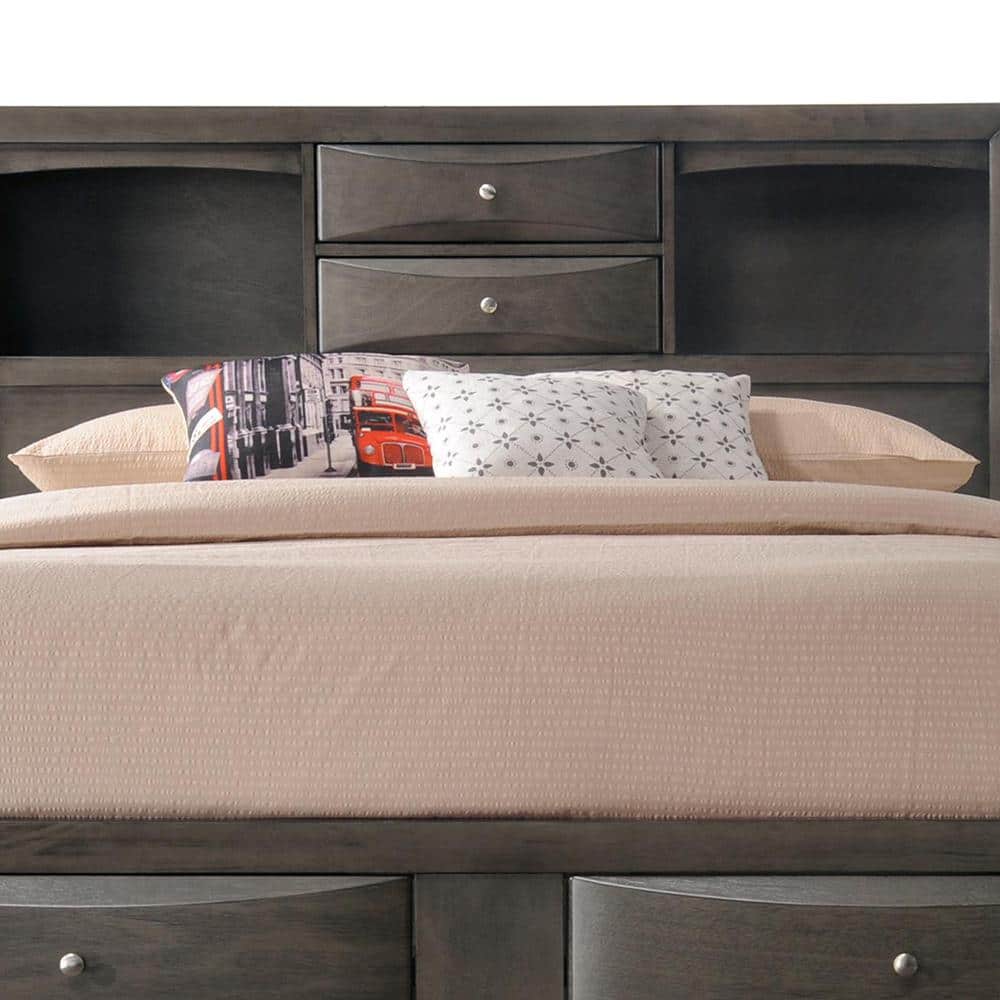 Gray Oak Upholstered King Captain's Bed with Bookcase Storage