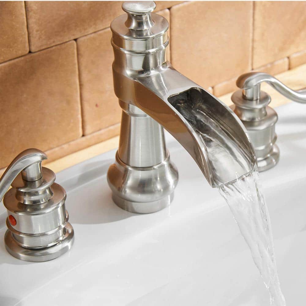 Brushed Nickel 8-Inch Widespread Waterfall Bathroom Faucet