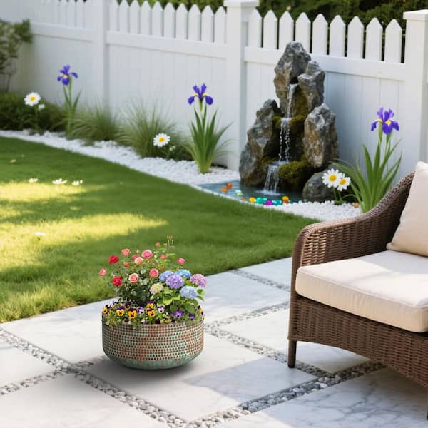 16.5 in. Dia Round Concrete Bowl Planter, Indoor & Outdoor Medium Plant Pot with Drainage Hole, Teal(Enhanced Interior)