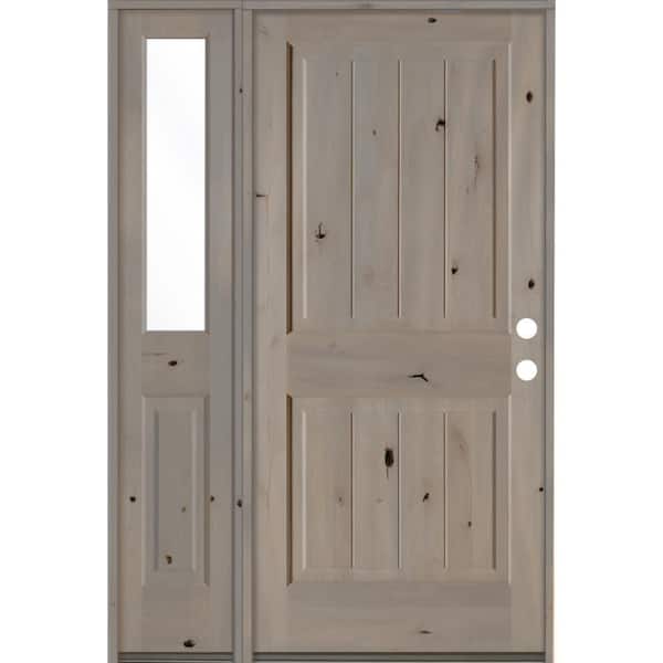 Krosswood Doors 50 in. x 80 in. Rustic Knotty Alder 2 Panel Left-Hand/Inswing Clear Glass Grey Stain Wood Prehung Front Door w/Sidelite